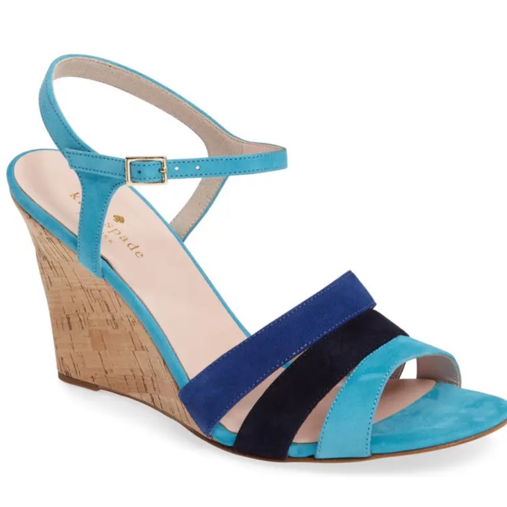 kate spade Turquoise and Navy Suede Cork Wedge Sandals